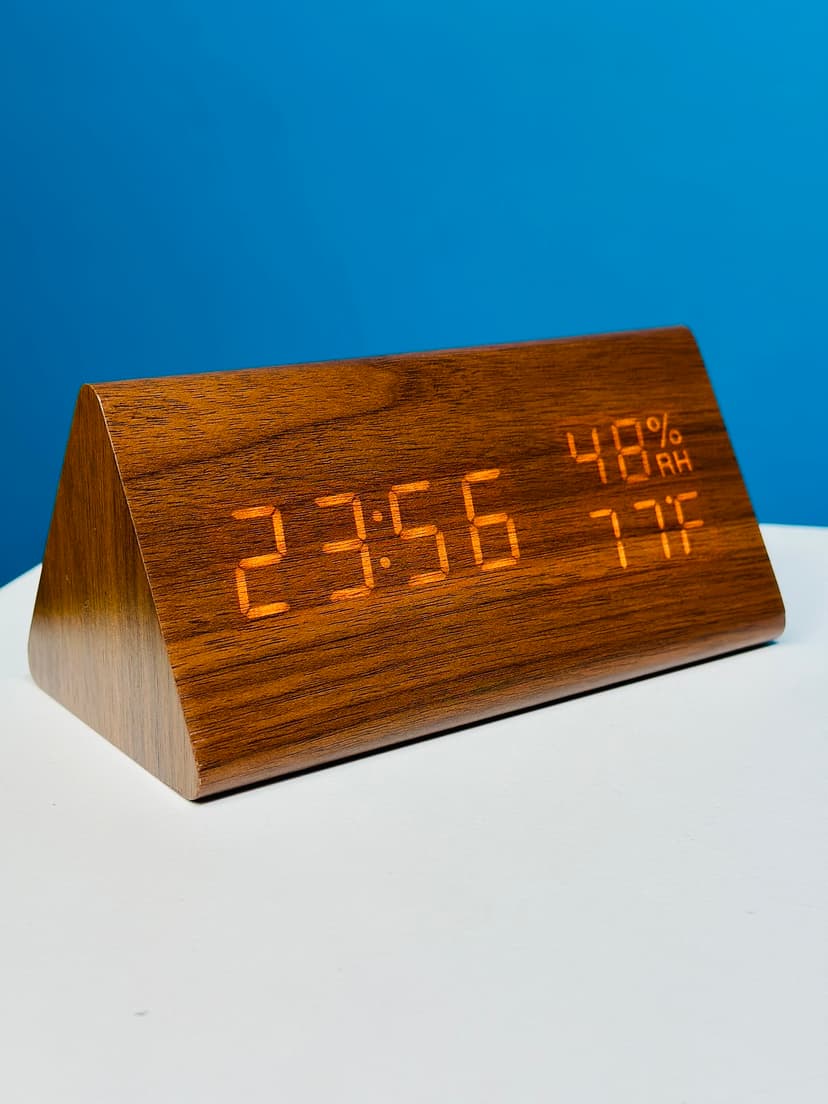 Triangle Wooden-Style Digital LED Clock – Dark Wood (USB & Battery Powered) - Image 1